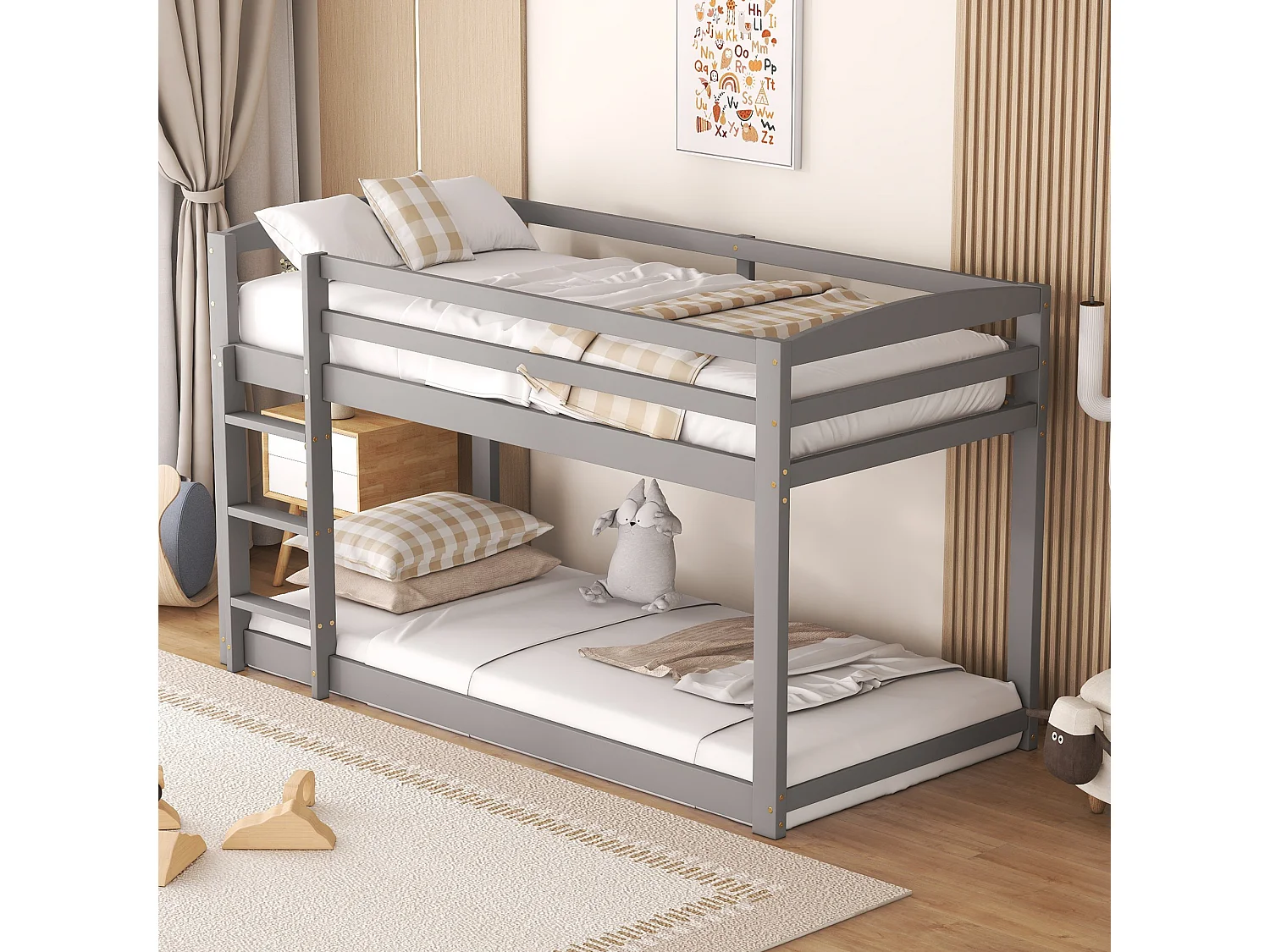 Lit superposé 90 x 200 cm - modèle bas - 15 sommiers - bois gris - matelas non inclus