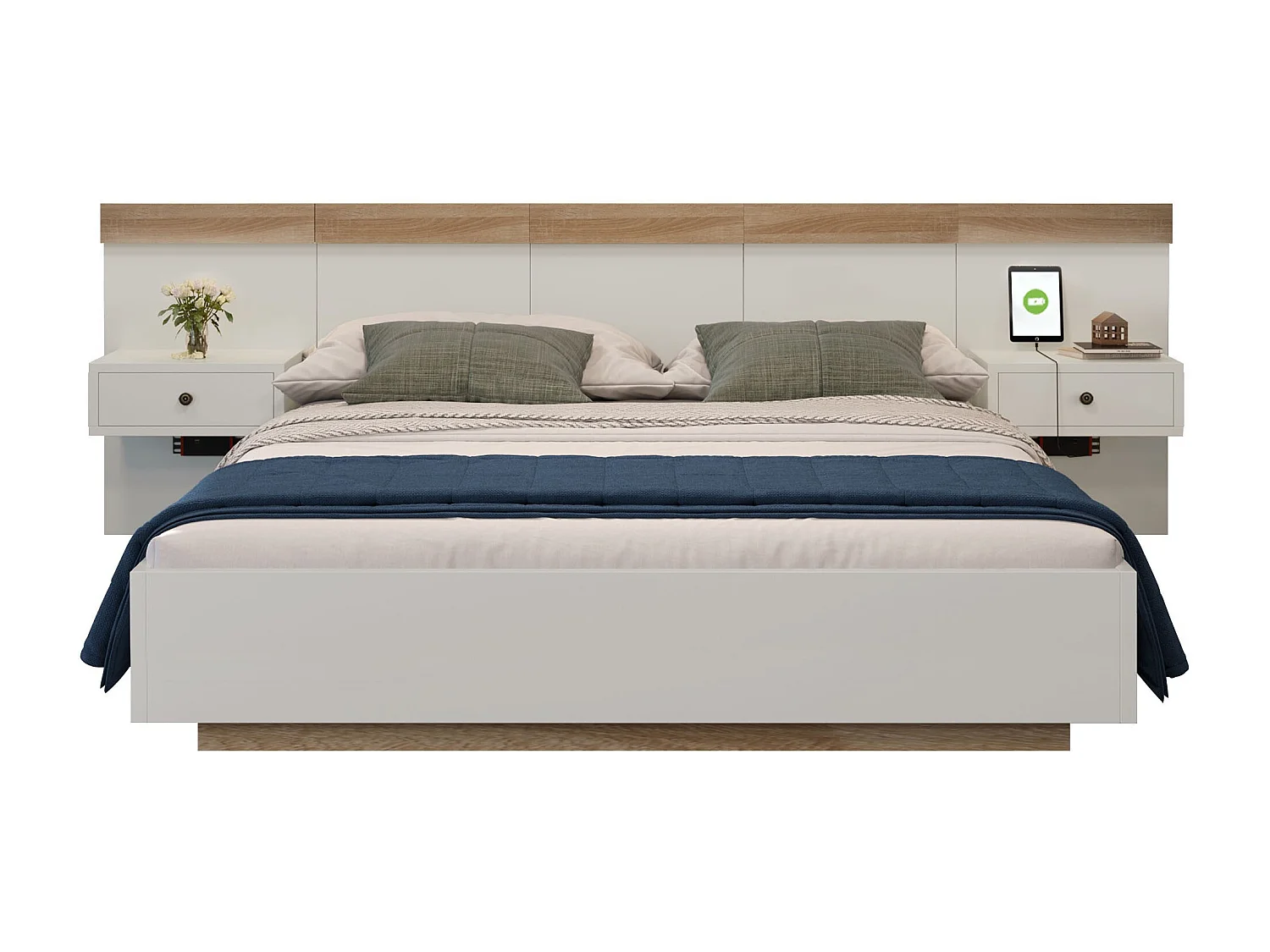 Letto per adulti 160 x 200 cm con 2 cassetti e illuminazione a LED - Legno bianco - Materasso non incluso
