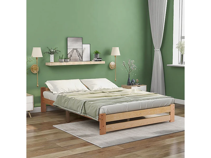 Volwassen bed 140 x 200 cm - met hoofdbord en lattenbodem - natuurlijke houtafwerking - matras niet inbegrepen