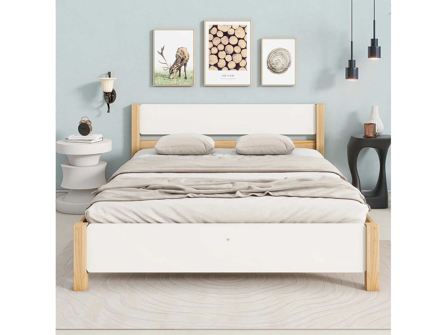 Lit adulte 140x200 cm - Lit double avec tête de lit - bois blanc et naturel - matelas non inclus