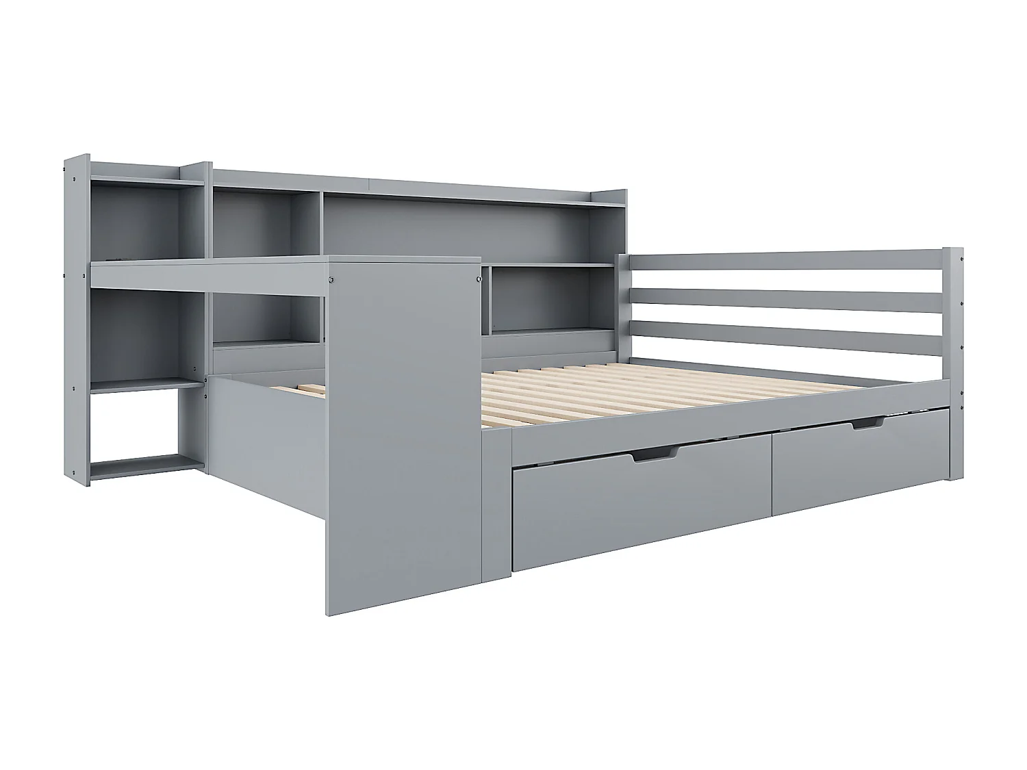 Volwassen bed 140x200 cm - met 2 lades, planken, USB - hout - grijs
