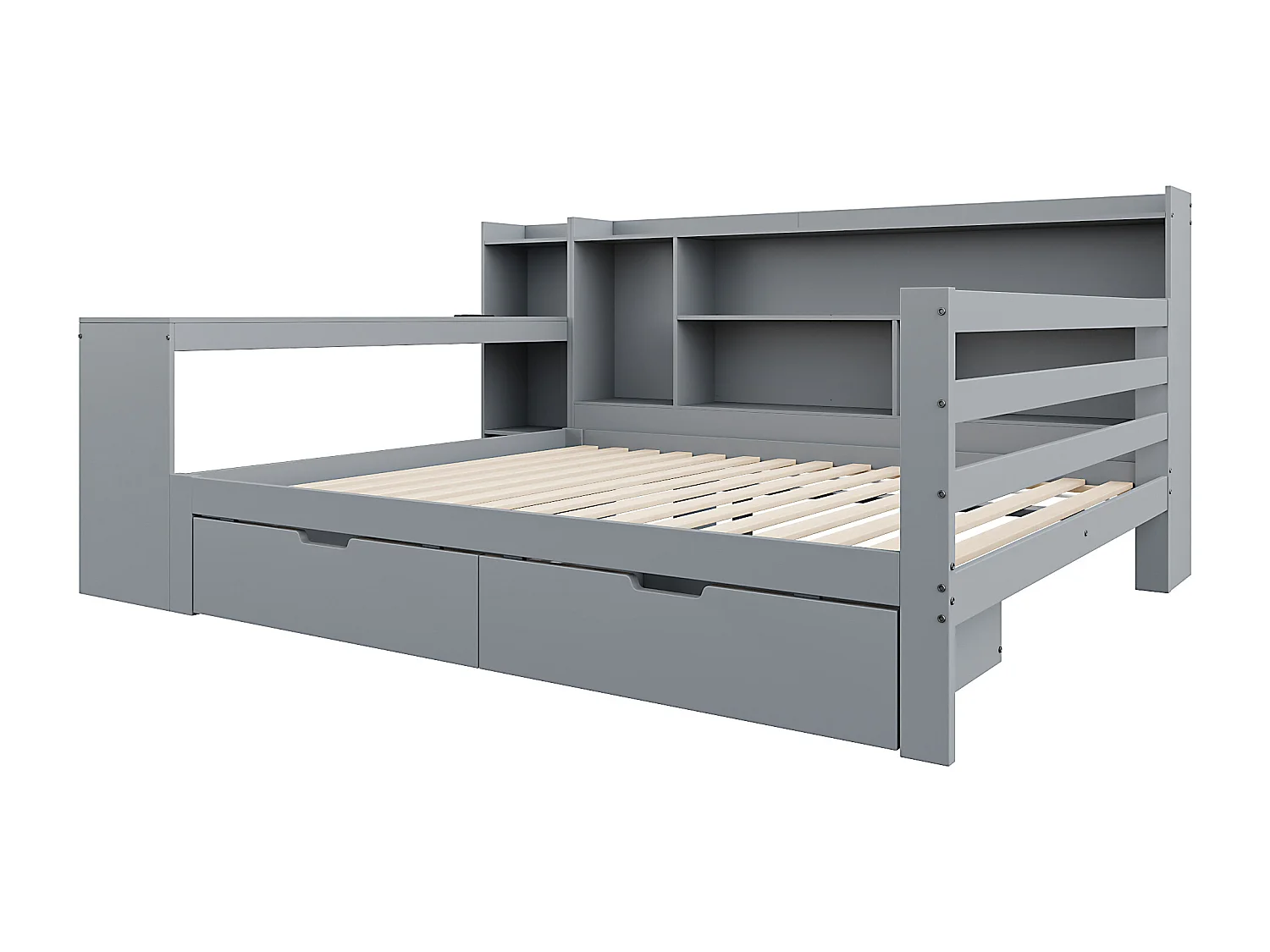 Volwassen bed 140x200 cm - met 2 lades, planken, USB - hout - grijs
