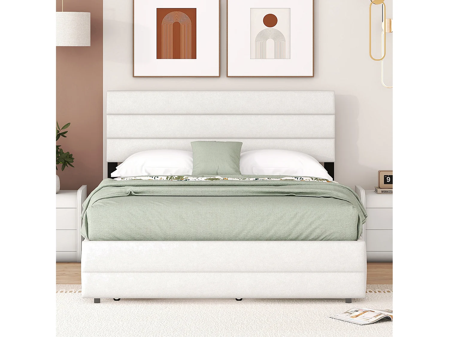 Uitschuifbed 140x200 cm - Tweepersoonsbed met 2 lades en verstelbaar hoofdeinde - beige linnen - matras niet inbegrepen