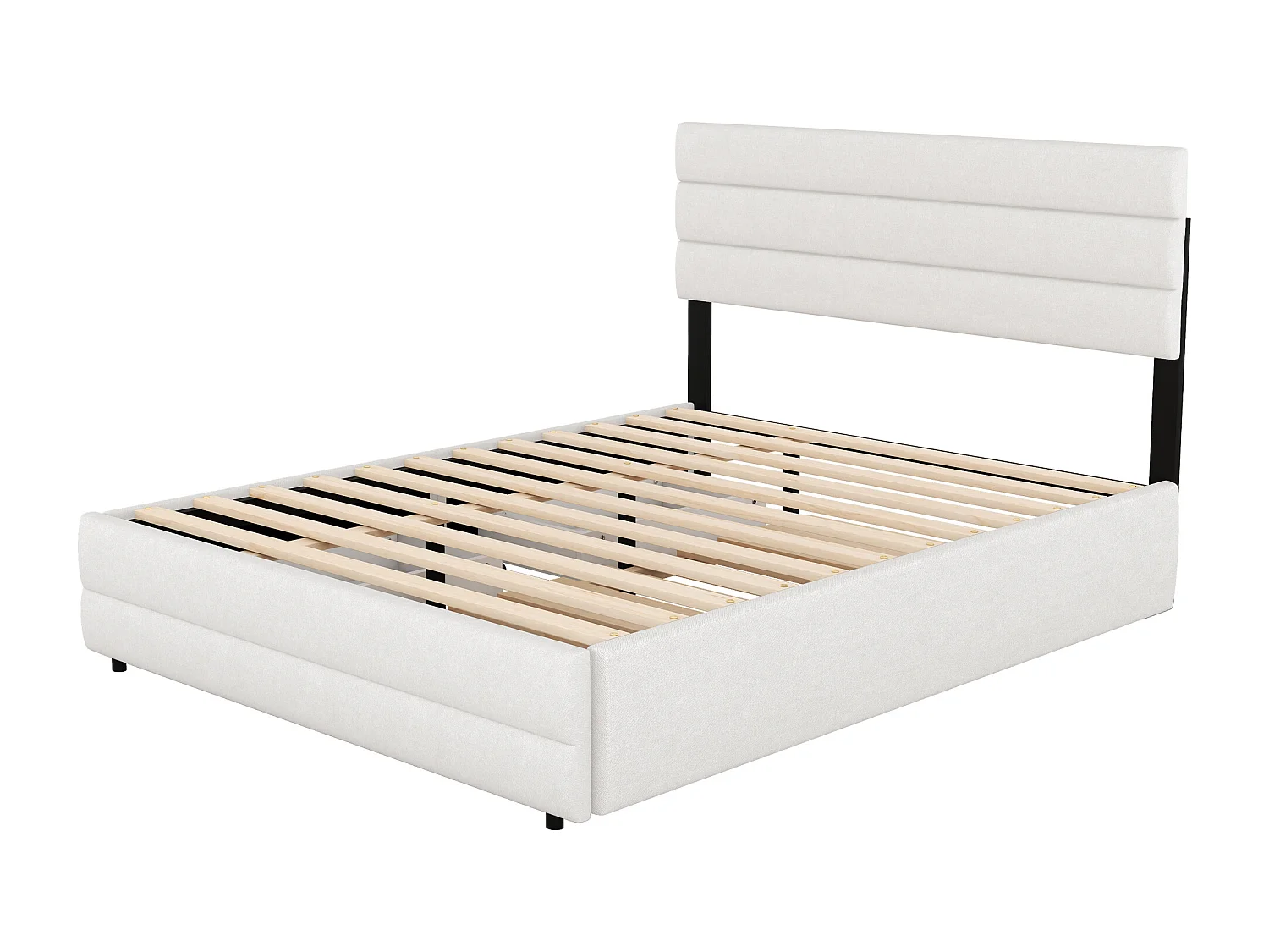 Uitschuifbed 140x200 cm - Tweepersoonsbed met 2 lades en verstelbaar hoofdeinde - beige linnen - matras niet inbegrepen