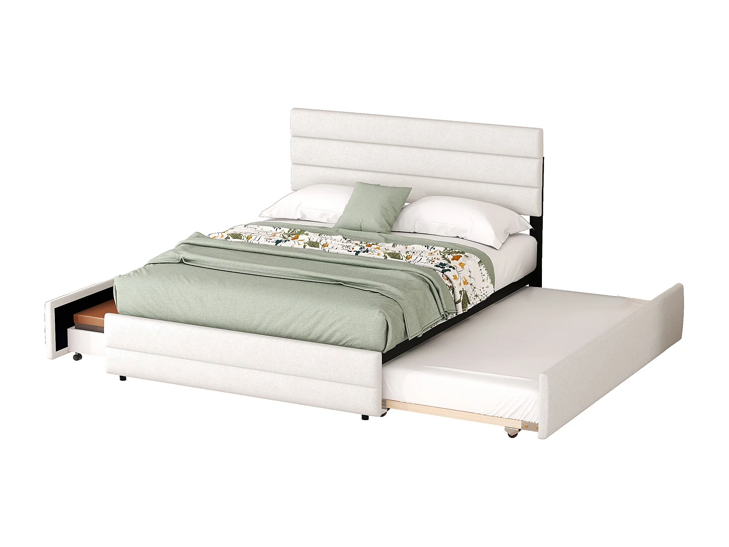 Uitschuifbed 140x200 cm - Tweepersoonsbed met 2 lades en verstelbaar hoofdeinde - beige linnen - matras niet inbegrepen