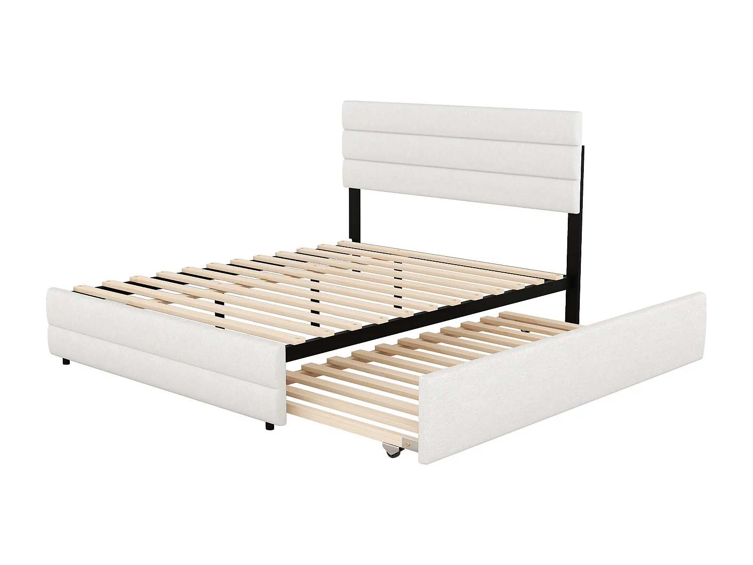 Uitschuifbed 140x200 cm - Tweepersoonsbed met 2 lades en verstelbaar hoofdeinde - beige linnen - matras niet inbegrepen