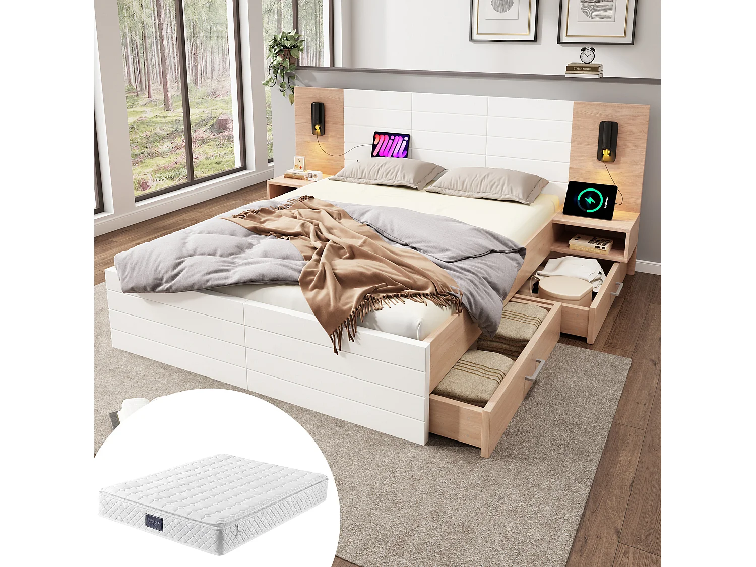 Bett für Erwachsene, 140 x 200 cm – mit Kopfteil, USB-Anschluss, 2 Schubladen und Lattenrost – weiß und hell-eiche – Matratze enthalten