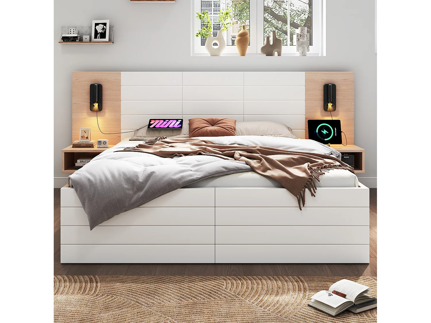 Bett für Erwachsene, 140 x 200 cm – mit Kopfteil, USB-Anschluss, 2 Schubladen und Lattenrost – weiß und hell-eiche – Matratze enthalten