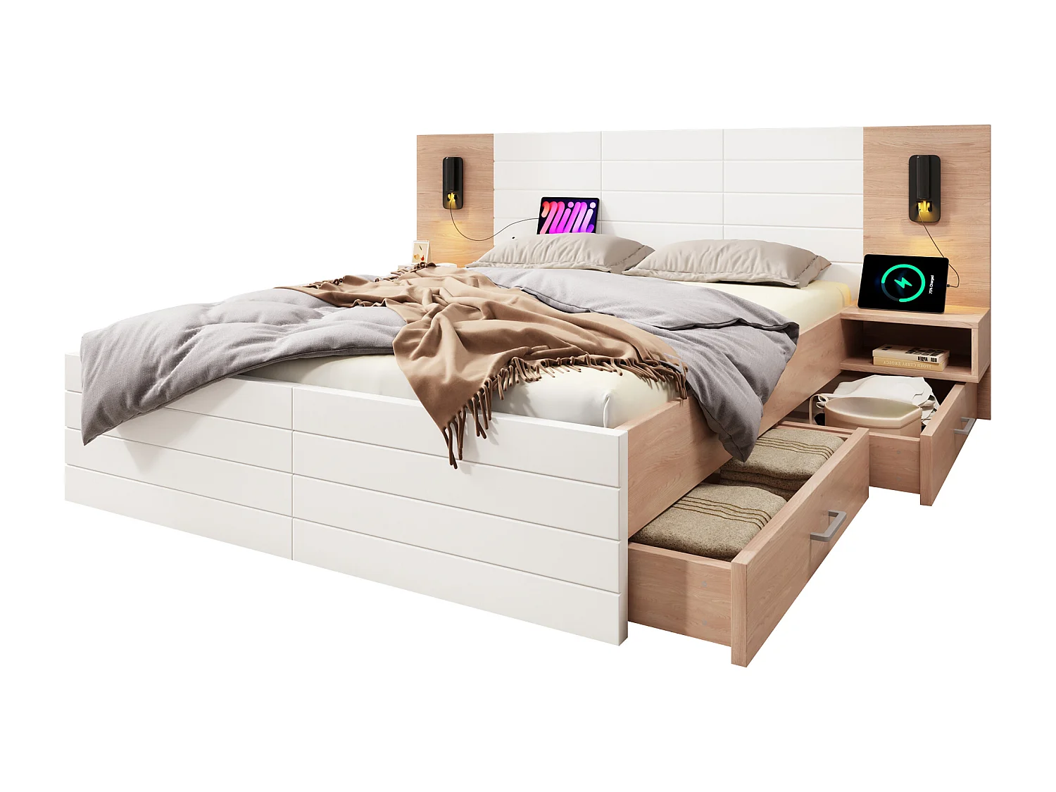 Bett für Erwachsene, 140 x 200 cm – mit Kopfteil, USB-Anschluss, 2 Schubladen und Lattenrost – weiß und hell-eiche – Matratze enthalten