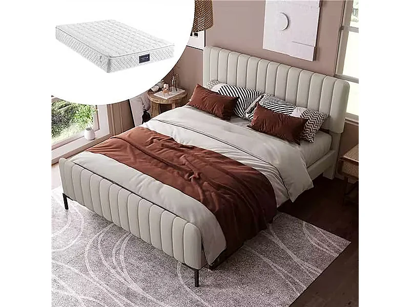 Lit adulte 140 x 200 cm - tête de lit réglable - lin gris-beige - matelas non inclus
