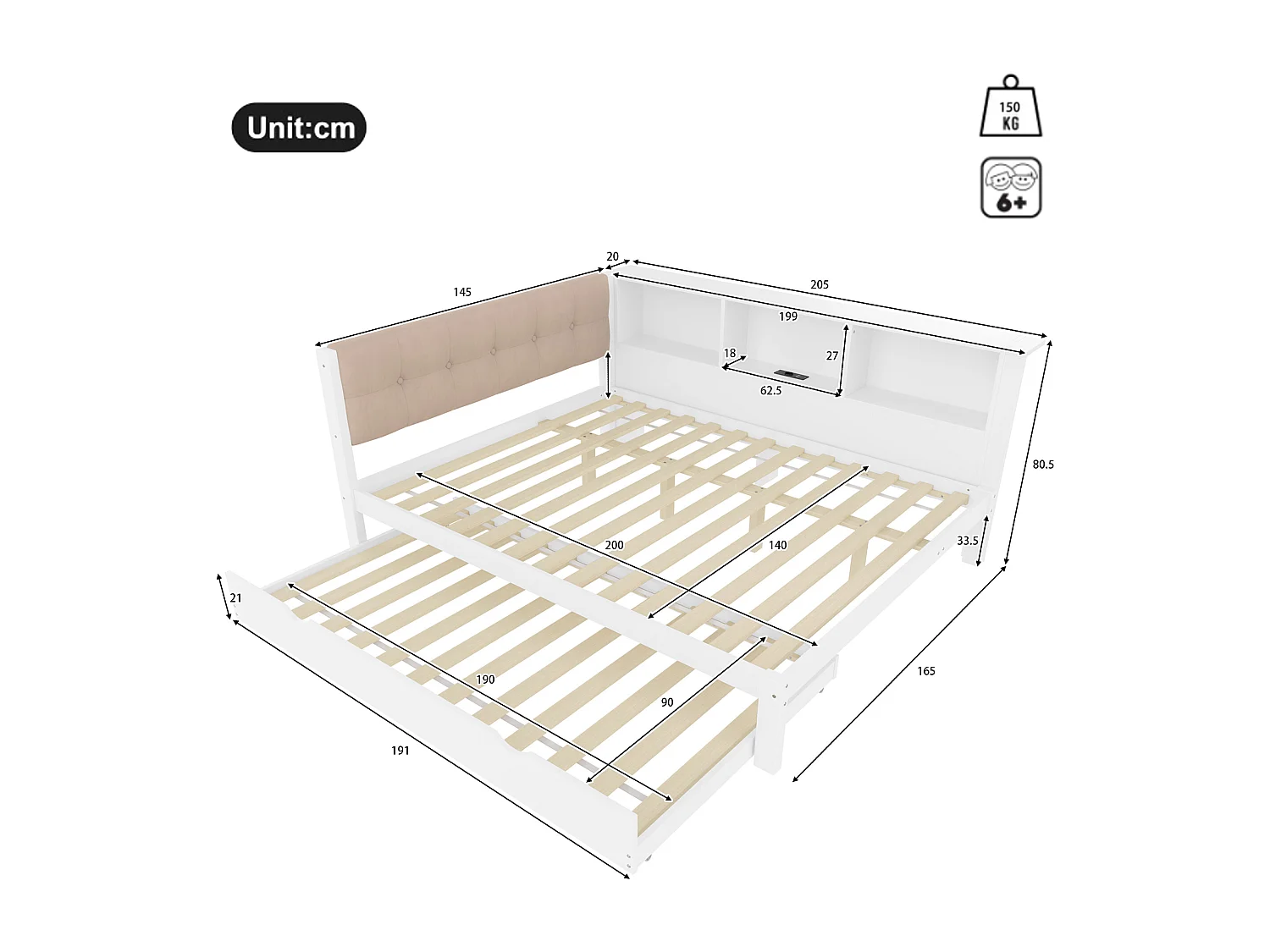 Ausziehbett 140 x 200 cm – Doppelbett mit LED-Beleuchtung und Staufach – weißes Holz – Matratze nicht im Lieferumfang enthalten
