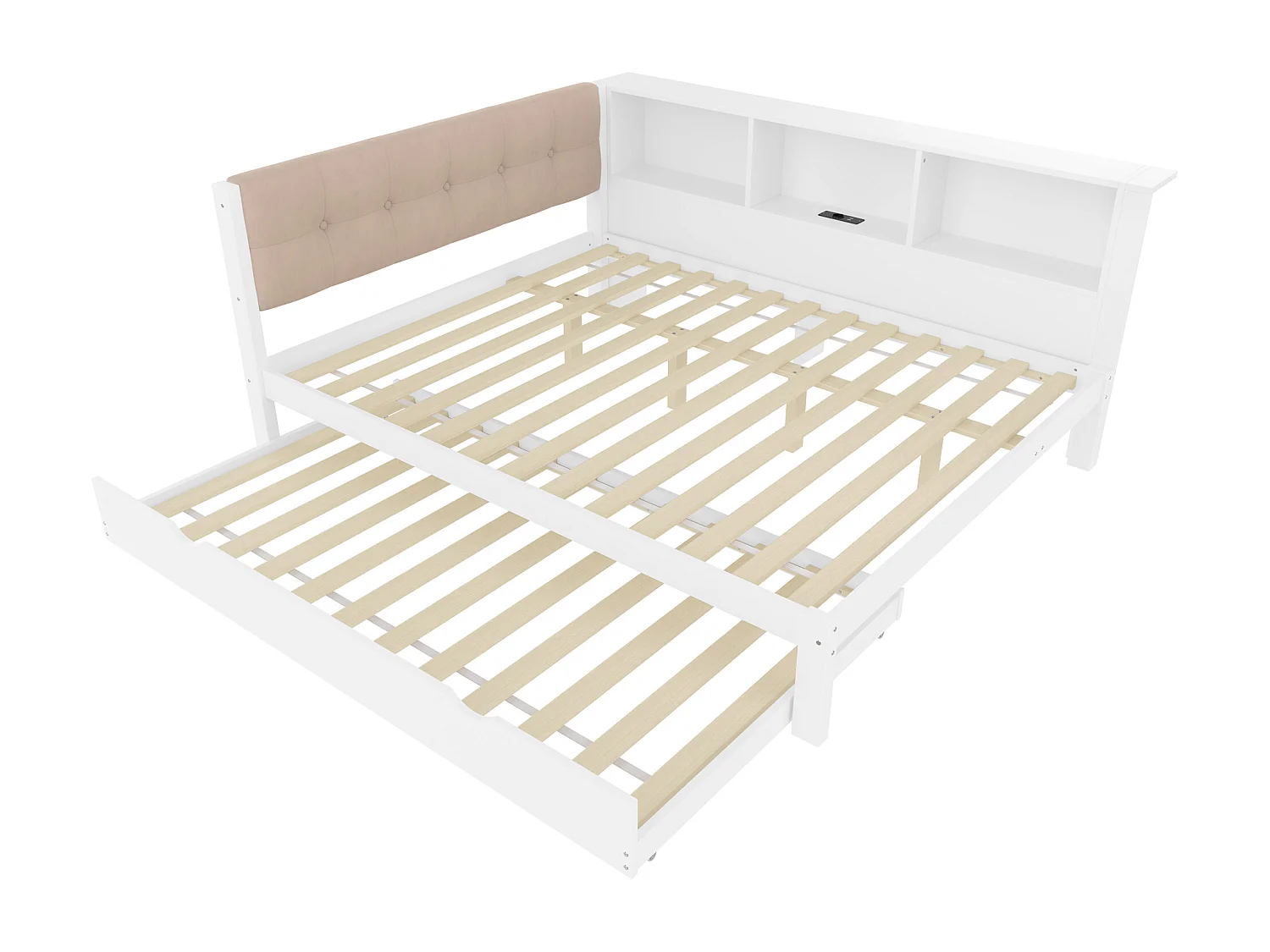 Ausziehbett 140 x 200 cm – Doppelbett mit LED-Beleuchtung und Staufach – weißes Holz – Matratze nicht im Lieferumfang enthalten
