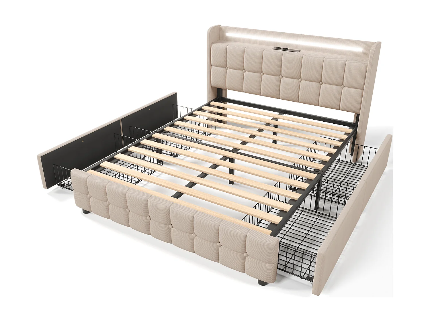 lit adulte 160x200 cm - avec tête de lit, 4 tiroirs, USB, éclairage LED - lin Beige - matelas inclus