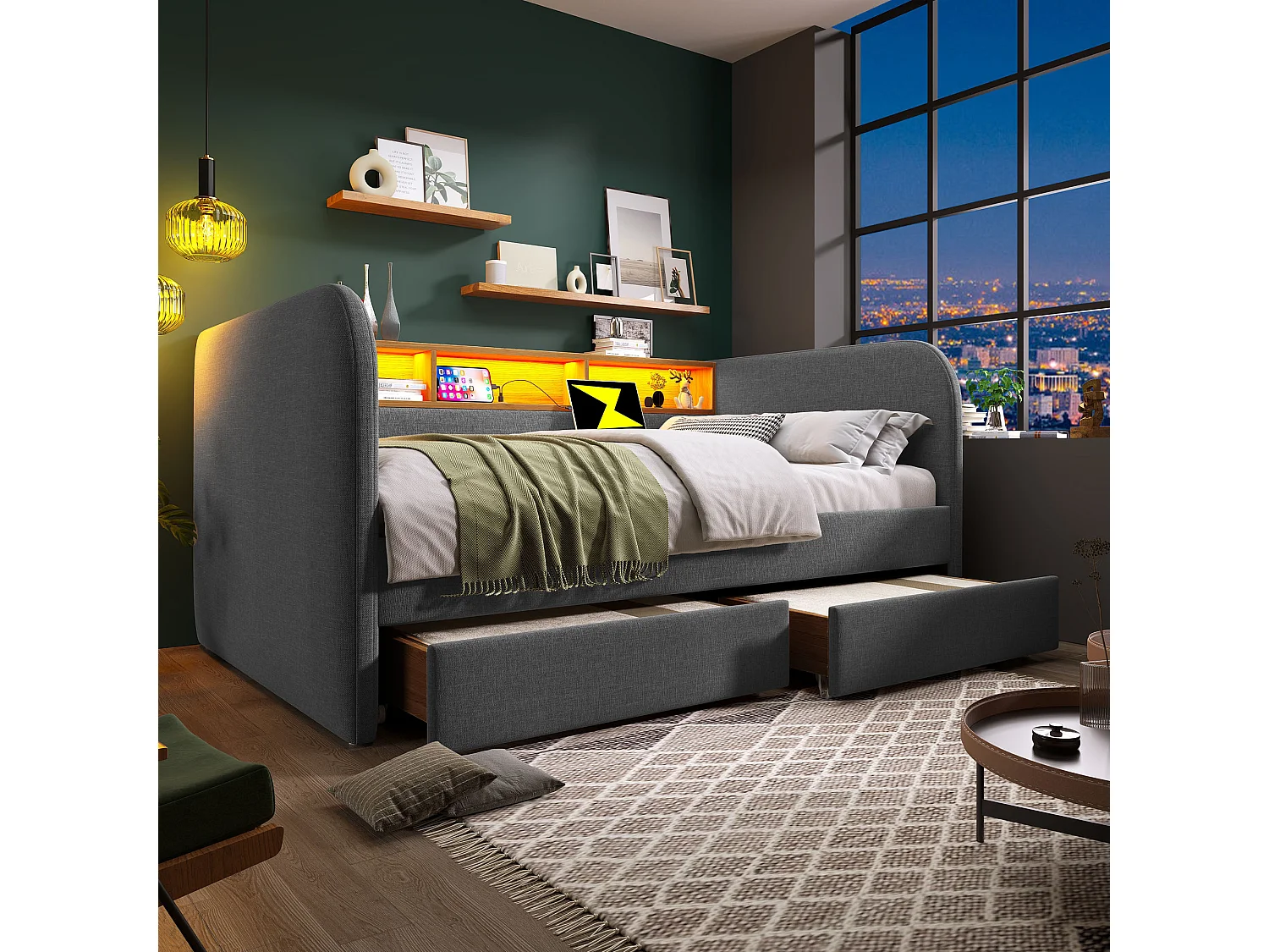 Cama de adulto de 140 x 190 cm - con cabecero con espacio de almacenaje, iluminación LED, puerto USB/Tipo C, 2 cajones - gris - colchón no incluido