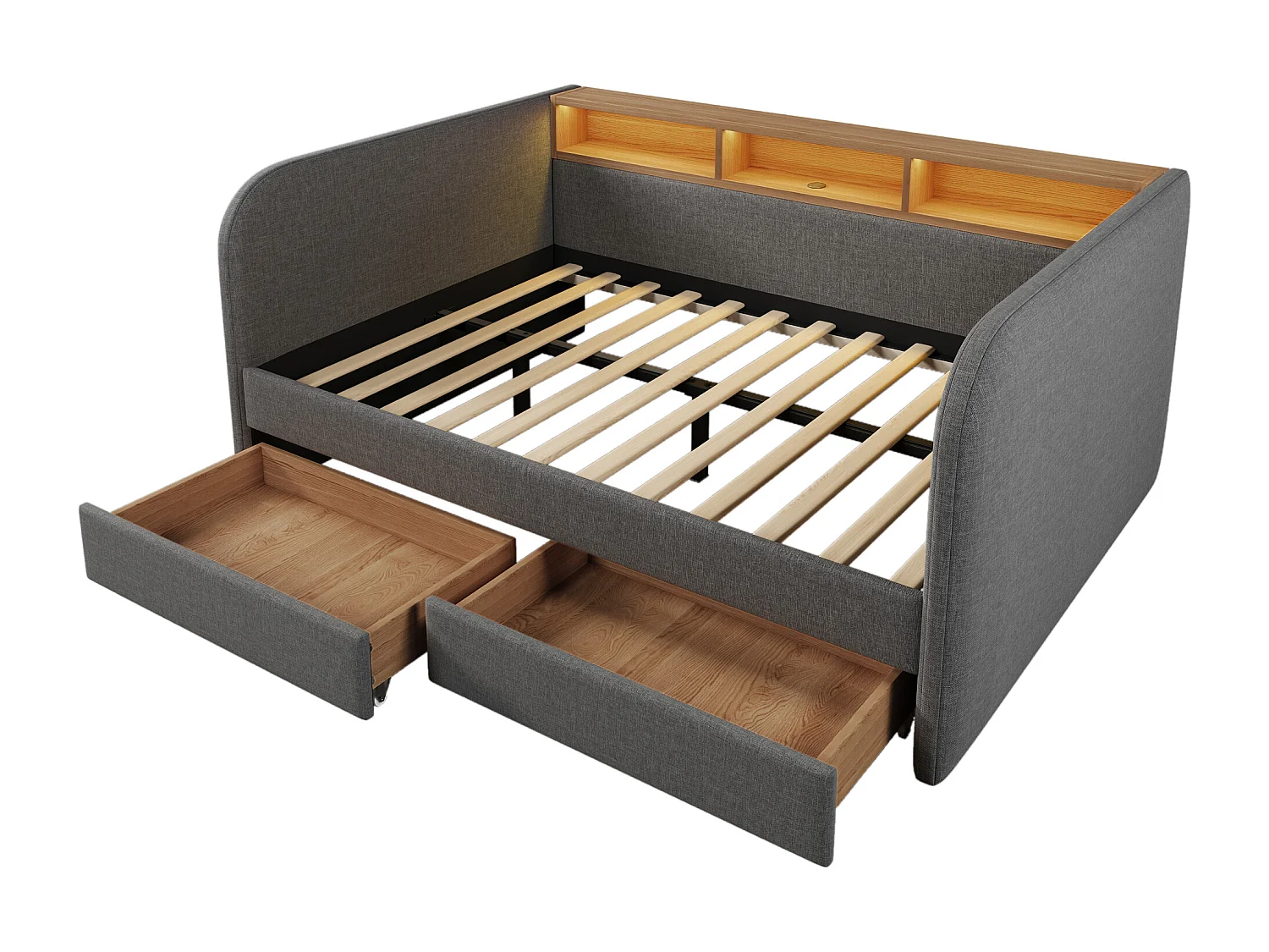 Cama de adulto de 140 x 190 cm - con cabecero con espacio de almacenaje, iluminación LED, puerto USB/Tipo C, 2 cajones - gris - colchón no incluido