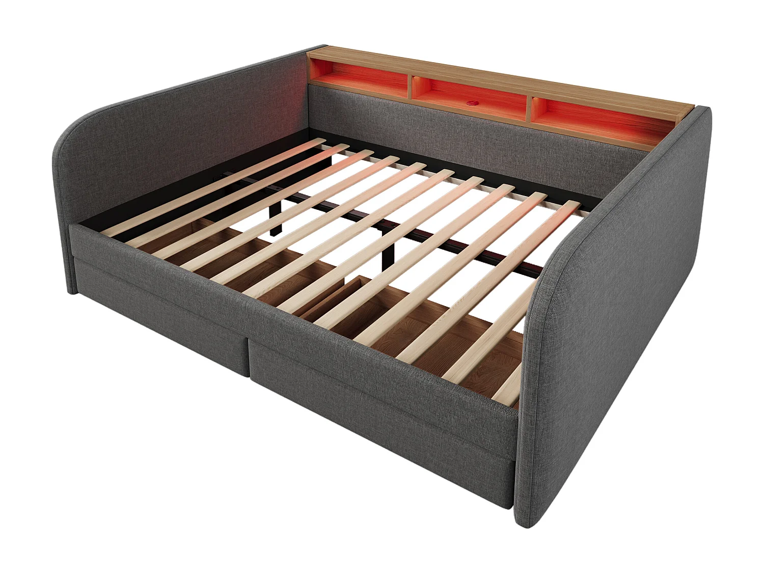 Cama de adulto de 140 x 190 cm - con cabecero con espacio de almacenaje, iluminación LED, puerto USB/Tipo C, 2 cajones - gris - colchón no incluido