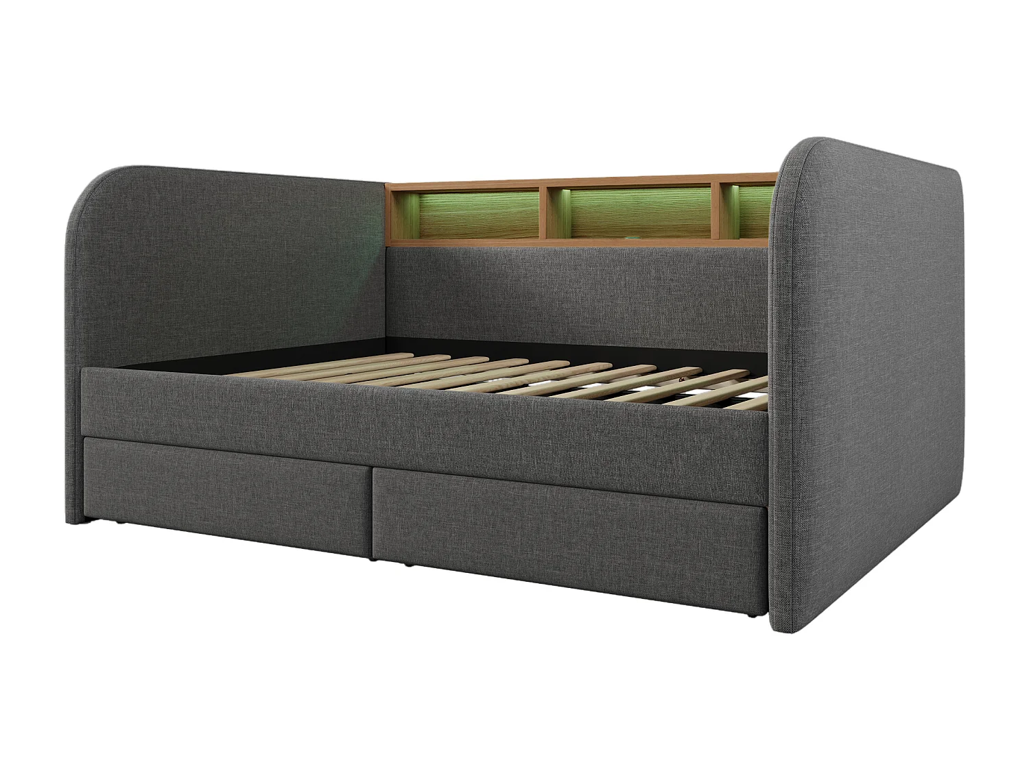 Cama de adulto de 140 x 190 cm - con cabecero con espacio de almacenaje, iluminación LED, puerto USB/Tipo C, 2 cajones - gris - colchón no incluido