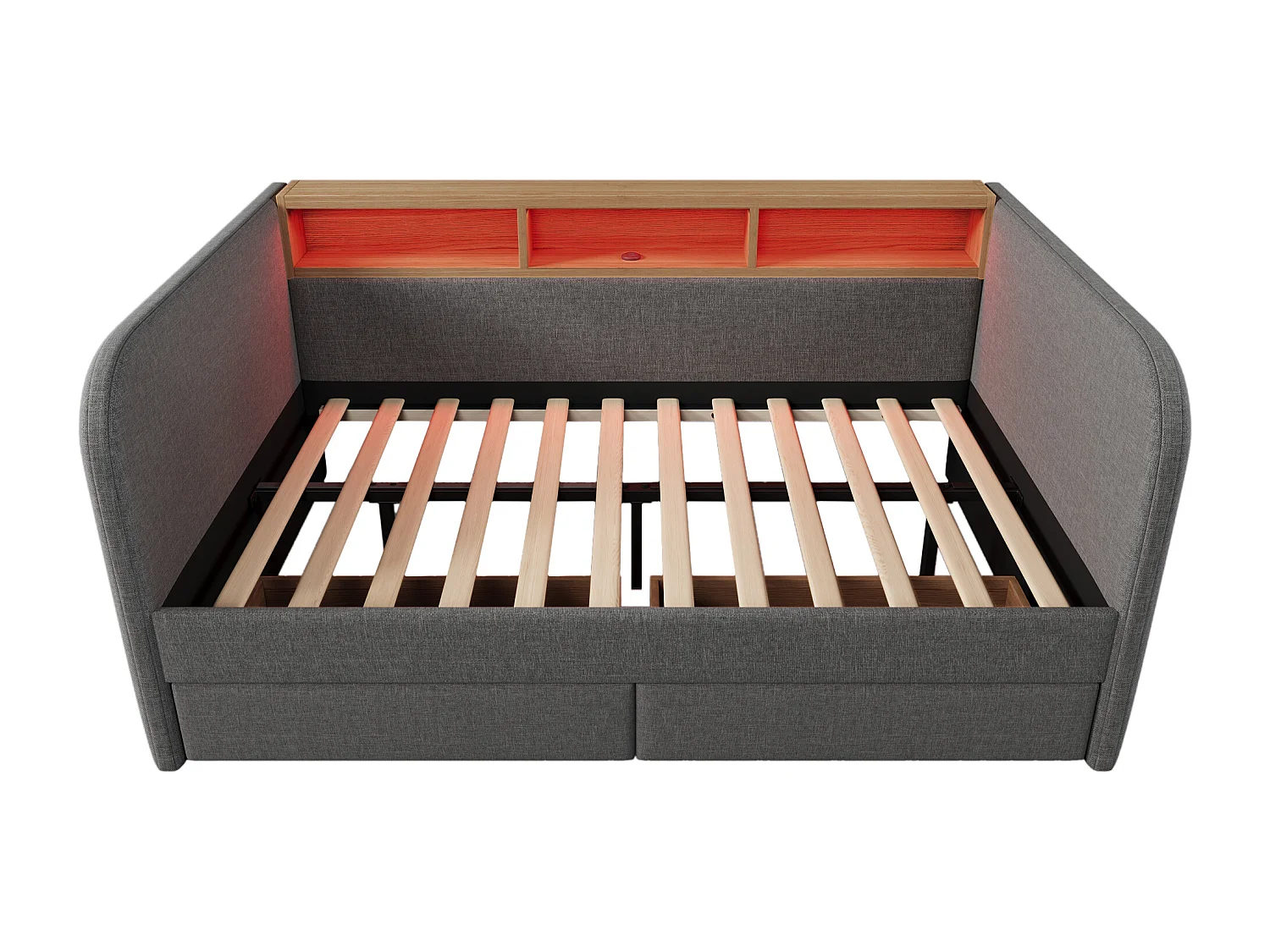 Cama de adulto de 140 x 190 cm - con cabecero con espacio de almacenaje, iluminación LED, puerto USB/Tipo C, 2 cajones - gris - colchón no incluido