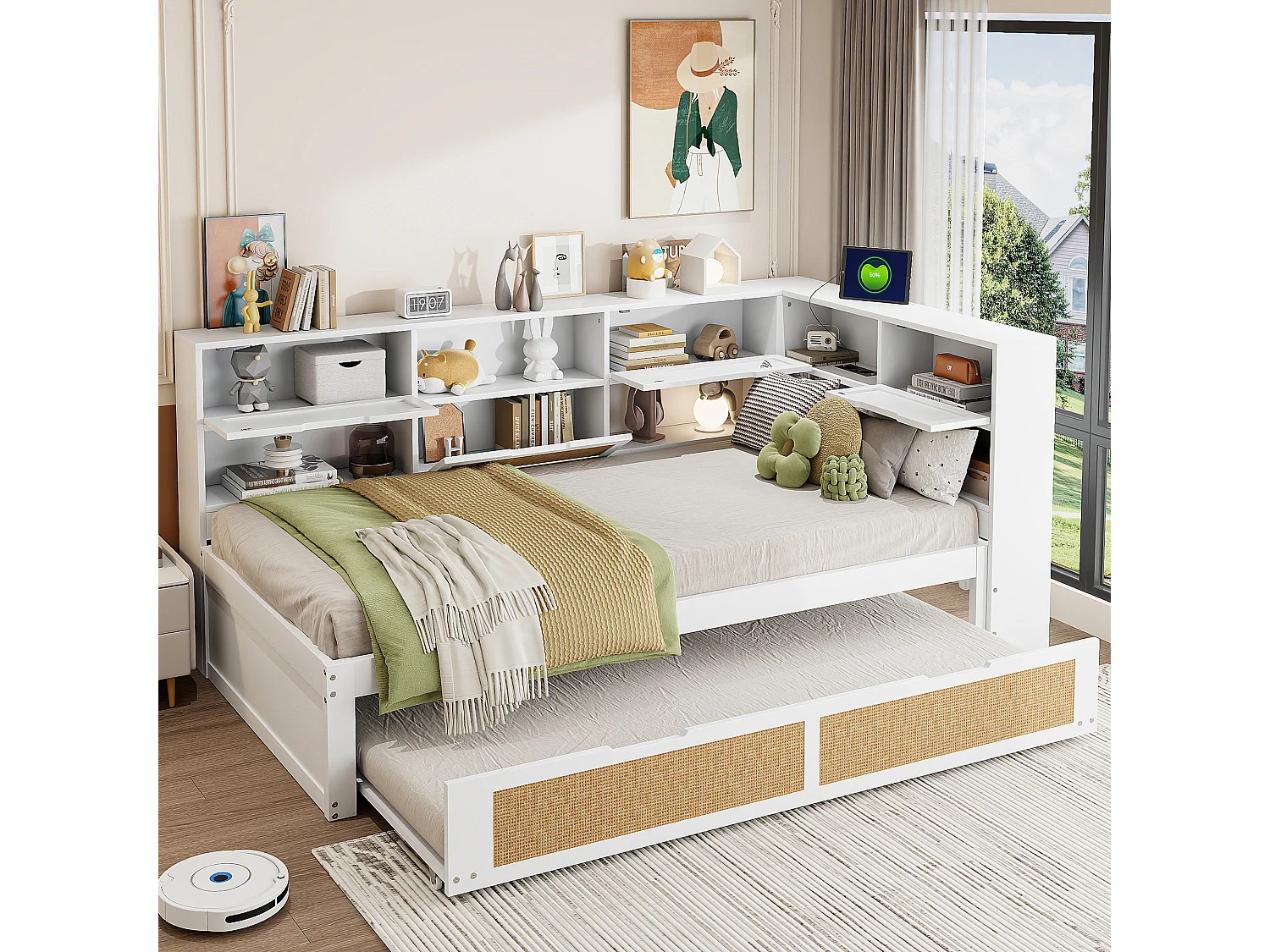 Letto per bambini 90x200 cm - con USB, ripiani - legno - bianco