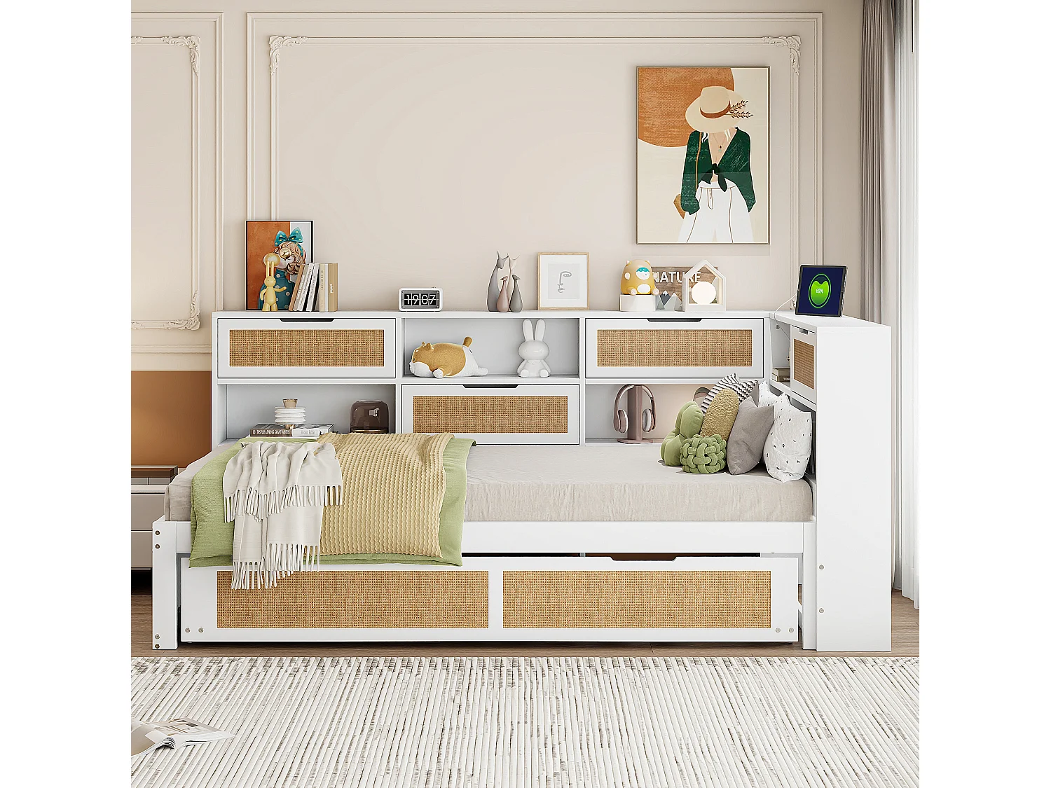 Letto per bambini 90x200 cm - con USB, ripiani - legno - bianco