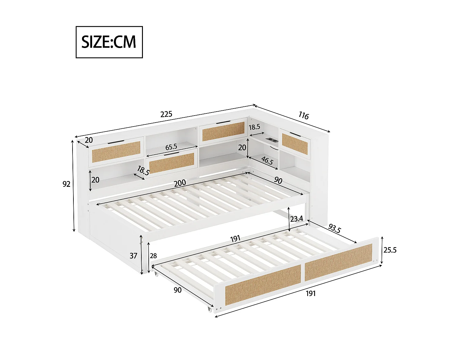 Letto per bambini 90x200 cm - con USB, ripiani - legno - bianco