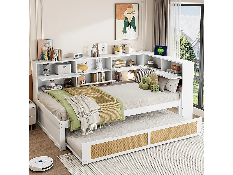 Letto per bambini 90x200 cm - con USB, ripiani - legno - bianco