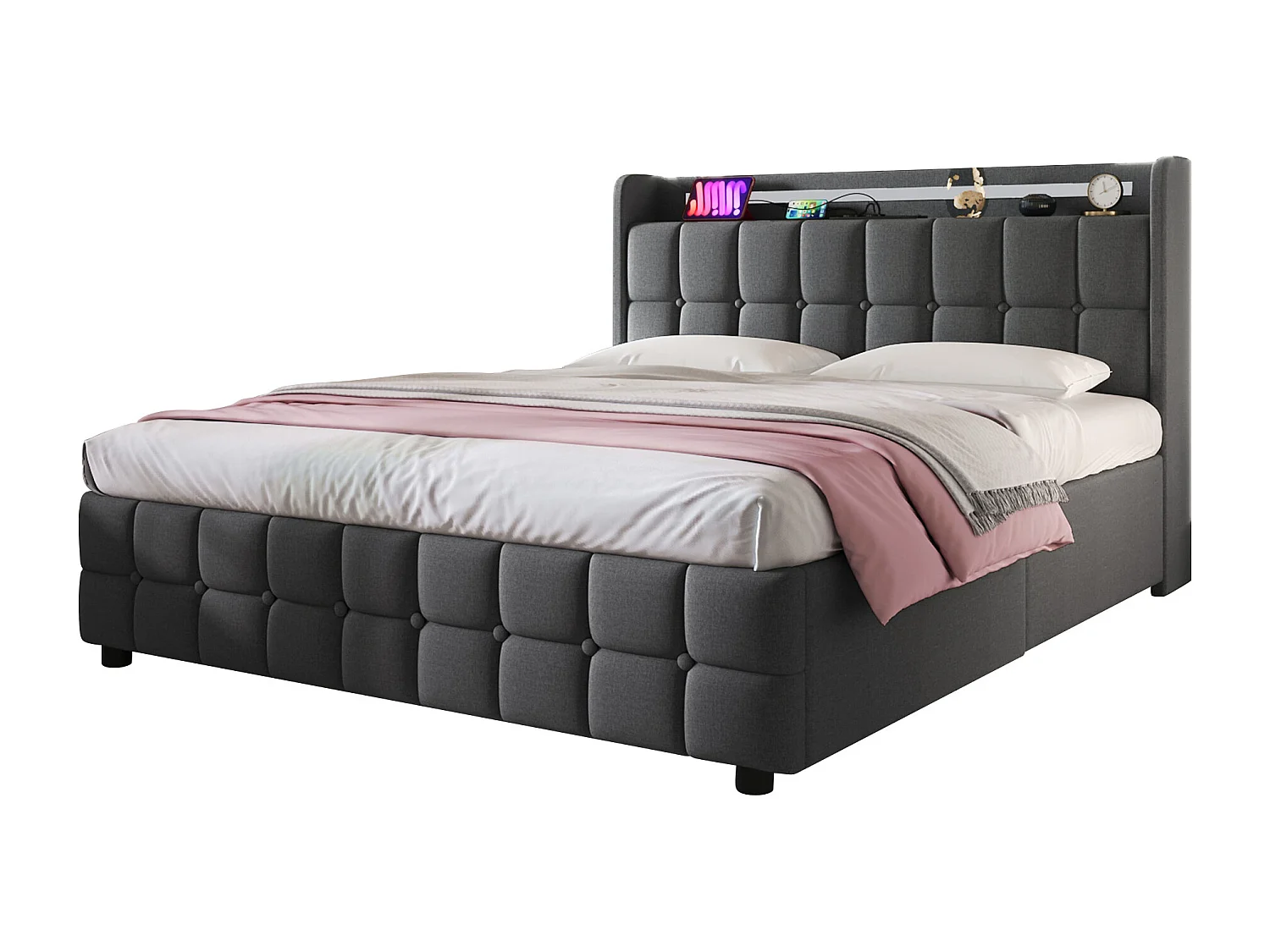 lit adulte 160x200 - avec tête de lit, 4 tiroirs, USB, éclairage LED - lin gris - matelas inclus