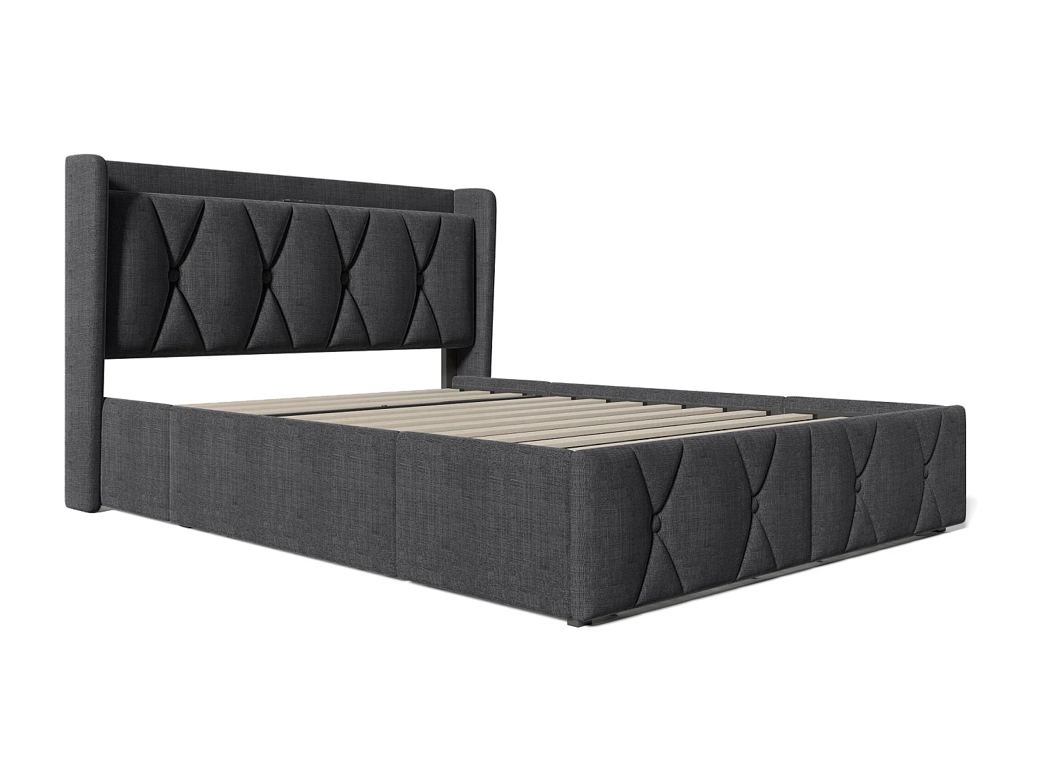 Volwassen bed 140x200 cm - met hoofdbord, USB-aansluiting, 4 lades, lattenbodem - grijs linnen - inclusief matras