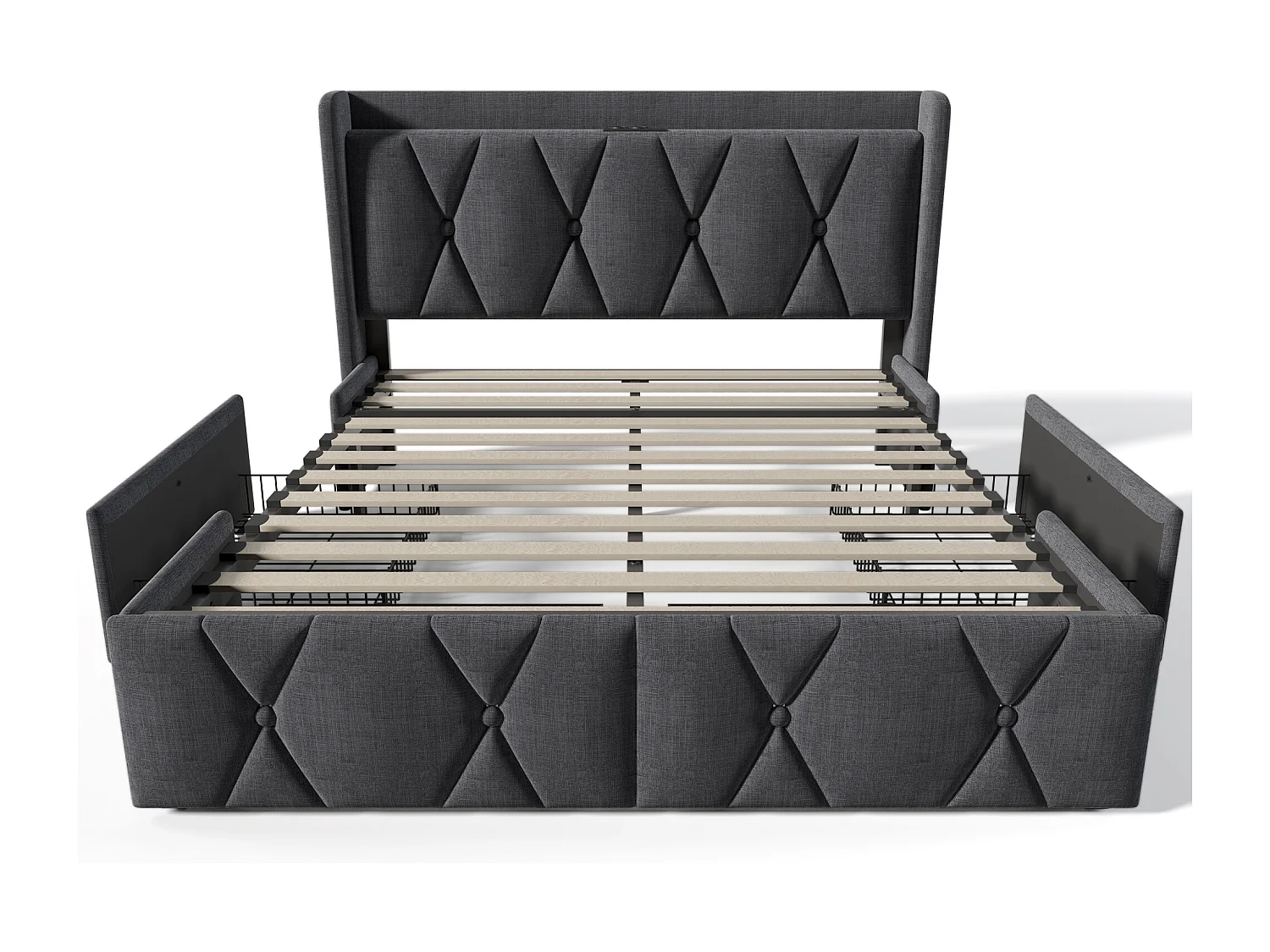 Volwassen bed 140x200 cm - met hoofdbord, USB-aansluiting, 4 lades, lattenbodem - grijs linnen - inclusief matras