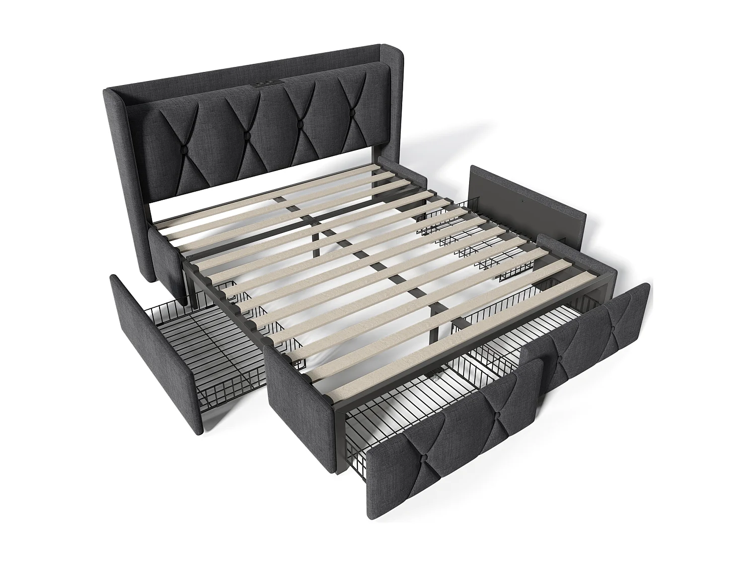 Volwassen bed 140x200 cm - met hoofdbord, USB-aansluiting, 4 lades, lattenbodem - grijs linnen - inclusief matras