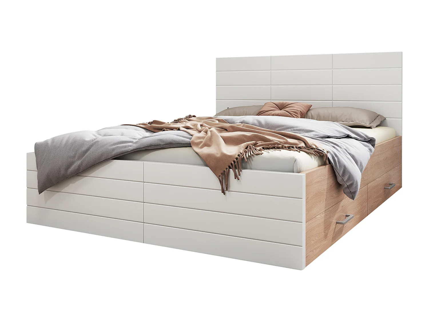 lit adulte 140x200 cm - avec 2 tiroirs et sommier à lattes - en bois massif - blanc et chêne clair - matelas inclus