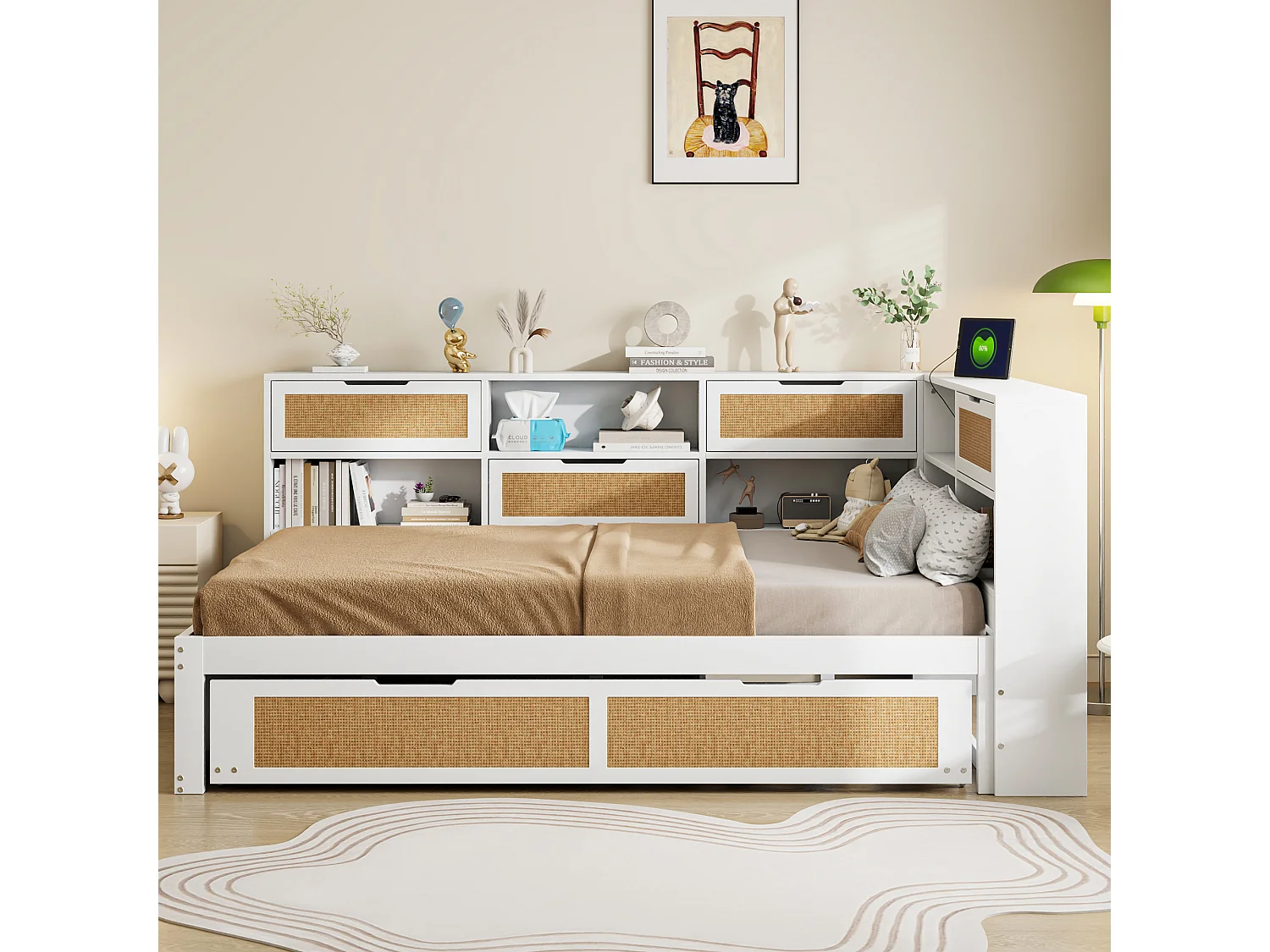 Truhenbett 140 x 200 cm – mit USB-Anschluss und Regalen – Holz – Weiß