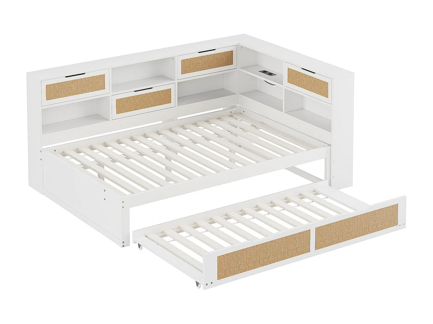 Truhenbett 140 x 200 cm – mit USB-Anschluss und Regalen – Holz – Weiß