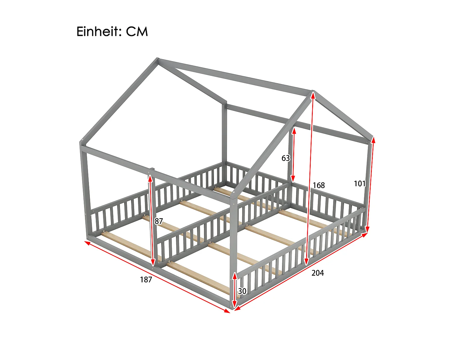 Hochbett 90 x 200 cm – 2 in 1 (zwei Betten) – mit Sicherheitsgittern – Holzgrau – Matratze nicht im Lieferumfang enthalten