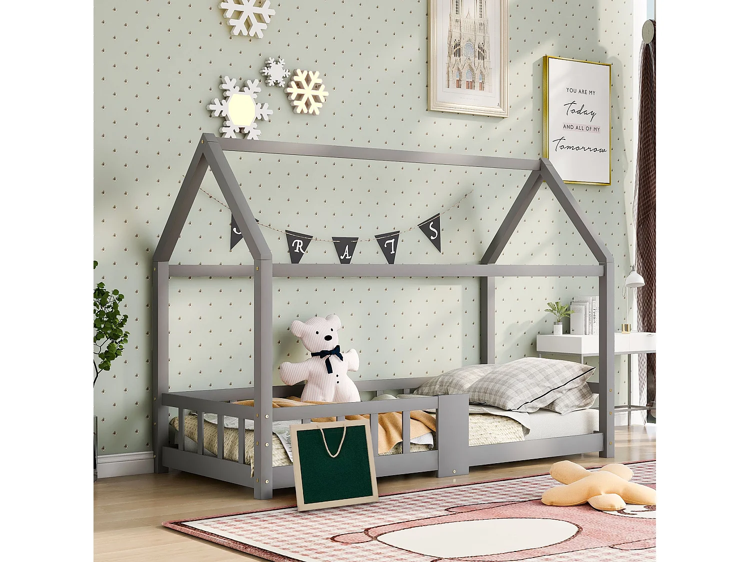 Lit cabane 90 x 200 cm - Lit enfant avec barrières de sécurité - bois gris - matelas non inclus