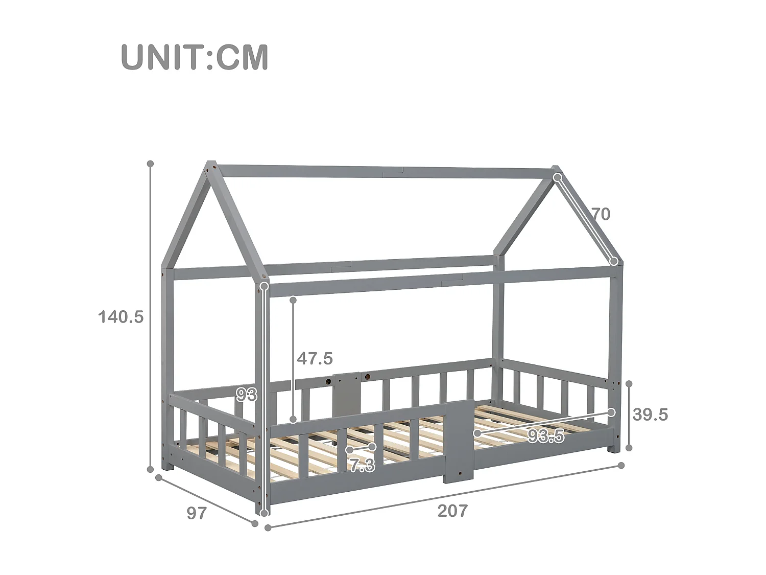 Lit cabane 90 x 200 cm - Lit enfant avec barrières de sécurité - bois gris - matelas non inclus
