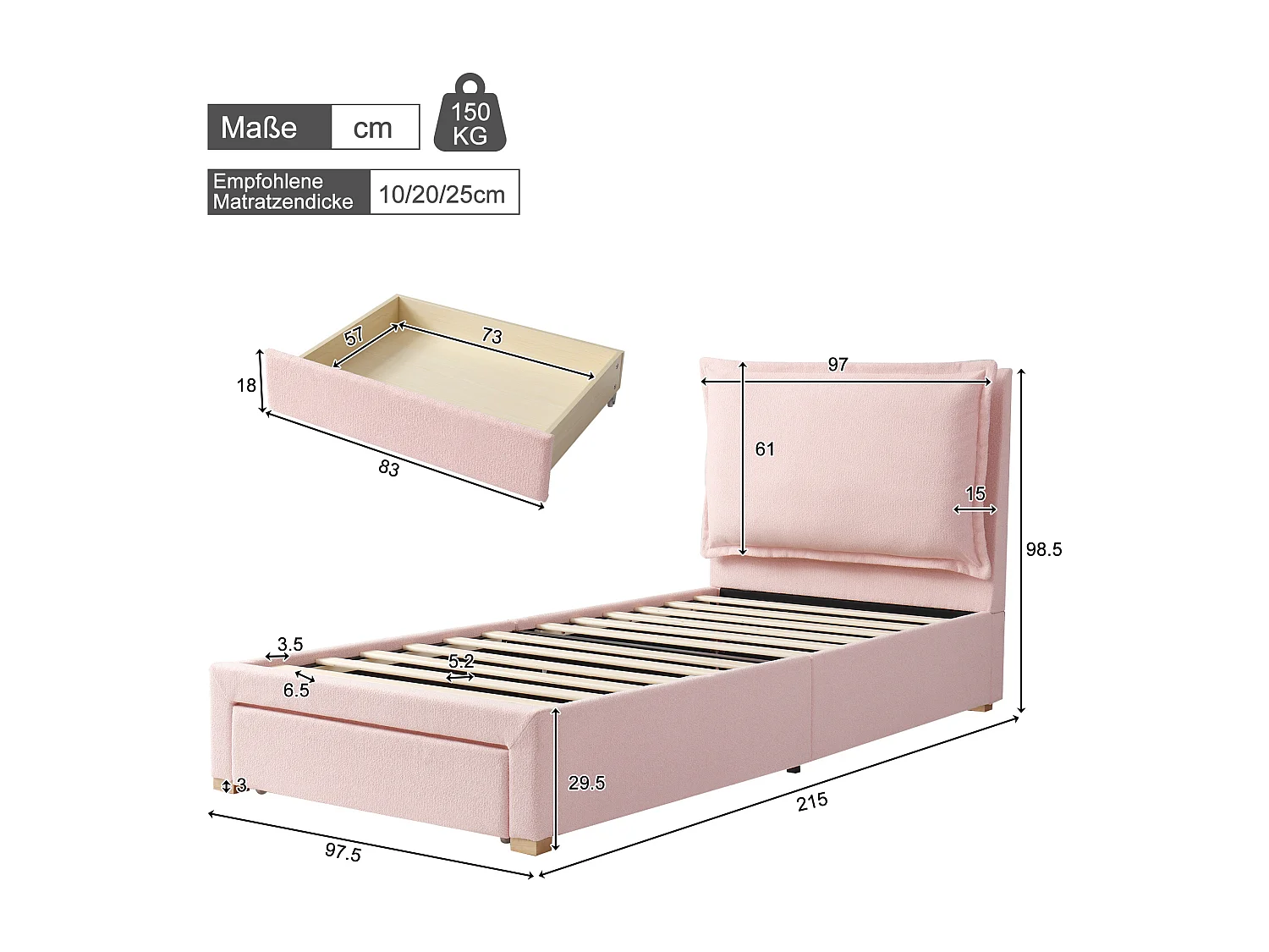 Lit enfant 90 x 200 cm - Lit simple avec 1 grand tiroir - chenille rose