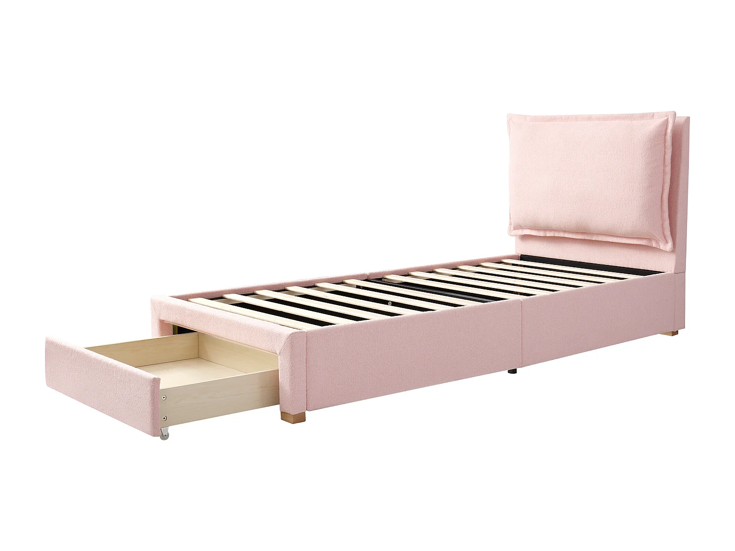 Lit enfant 90 x 200 cm - Lit simple avec 1 grand tiroir - chenille rose