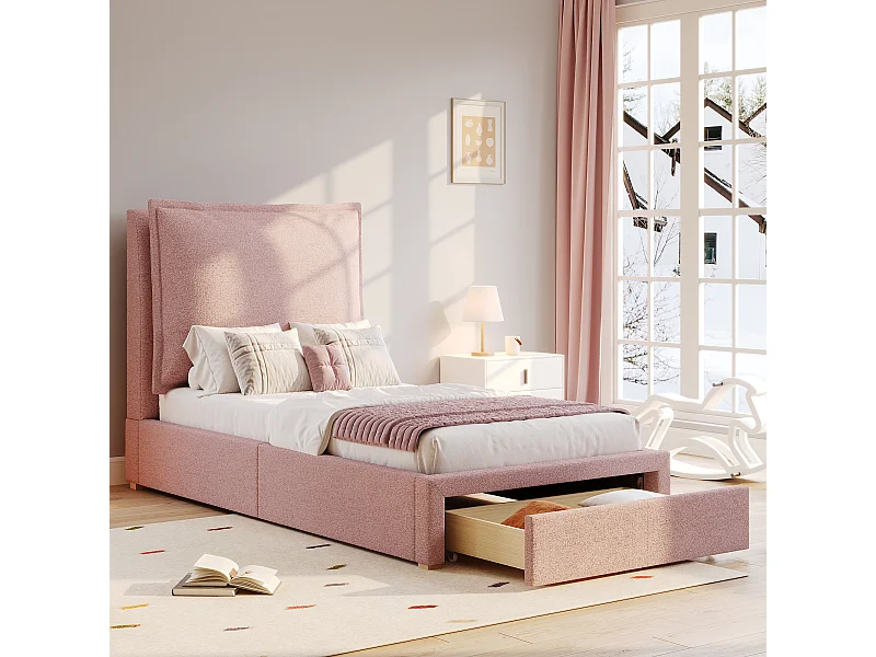 Lit enfant 90 x 200 cm - Lit simple avec 1 grand tiroir - chenille rose