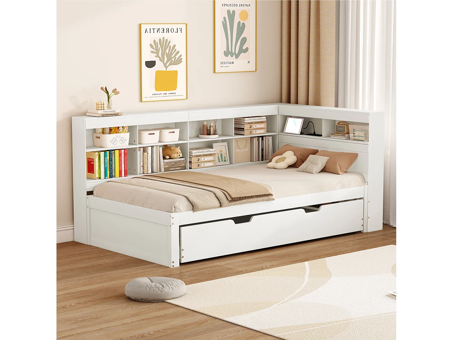 Łóżko z pojemnikiem 90x200 cm - z USB - drewno - biały