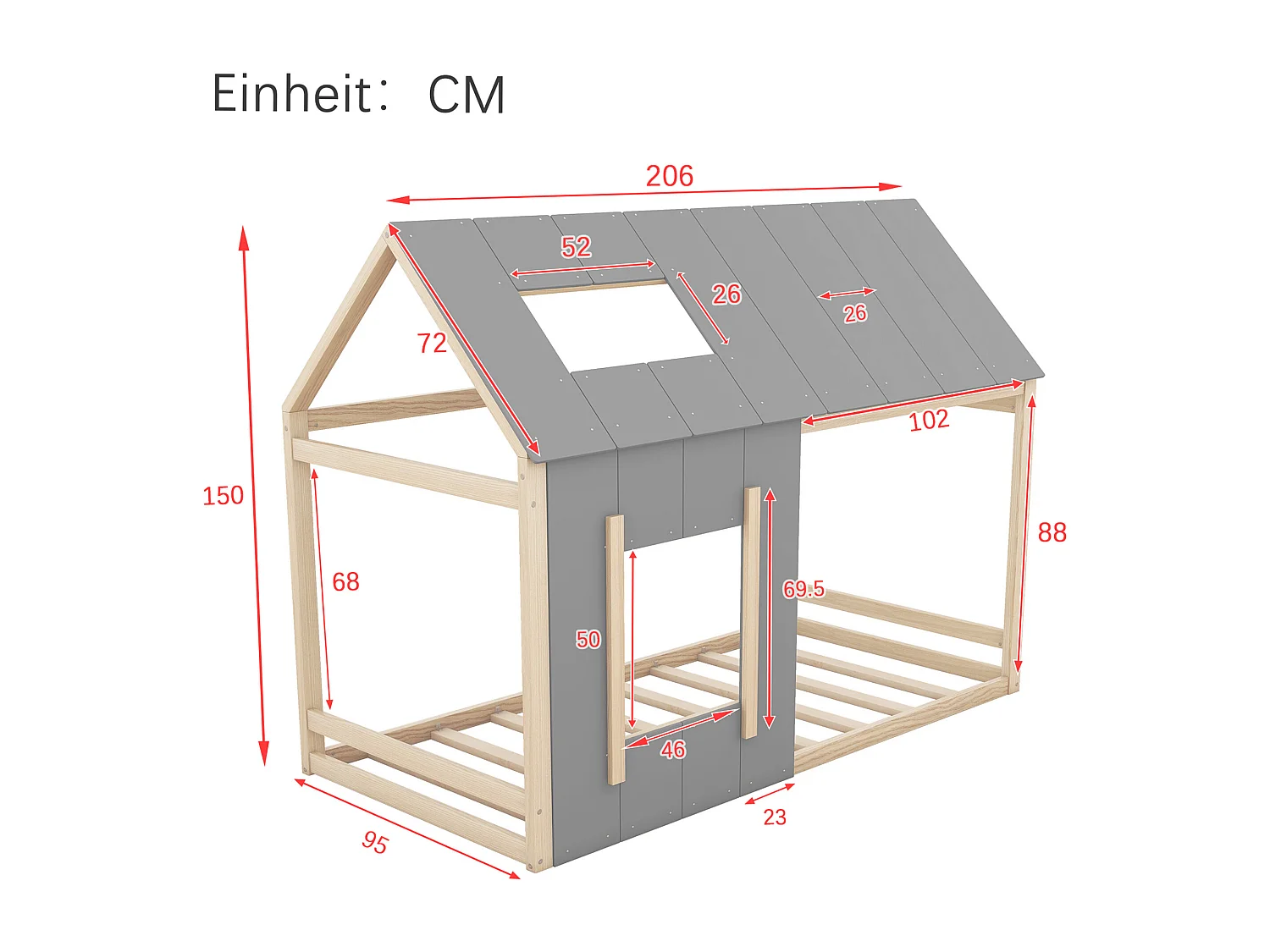 Cama tipo cabana 90x200cm - Cama de criança com tecto e janela - cinza e madeira natural - colchão não incluído