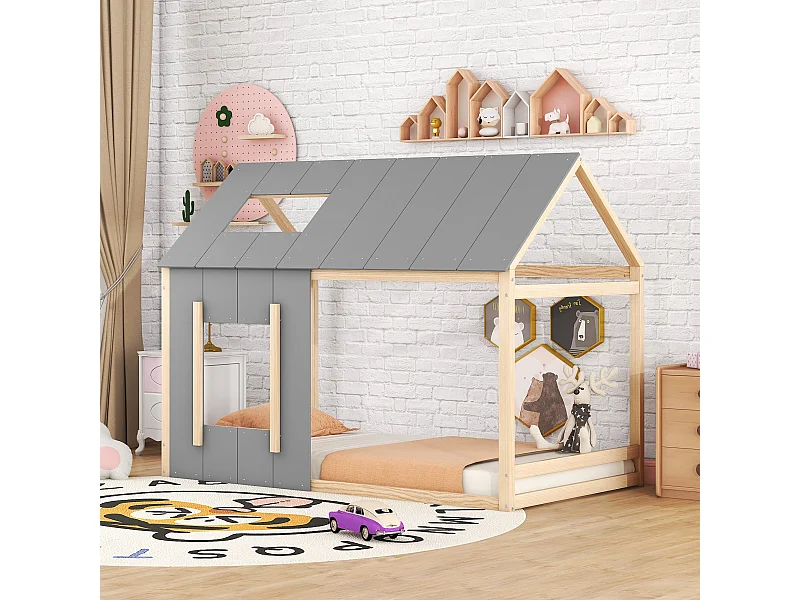 Hochbett 90 x 200 cm – Kinderbett mit Dach und Fenster – graues und naturfarbenes Holz – Matratze nicht im Lieferumfang enthalten