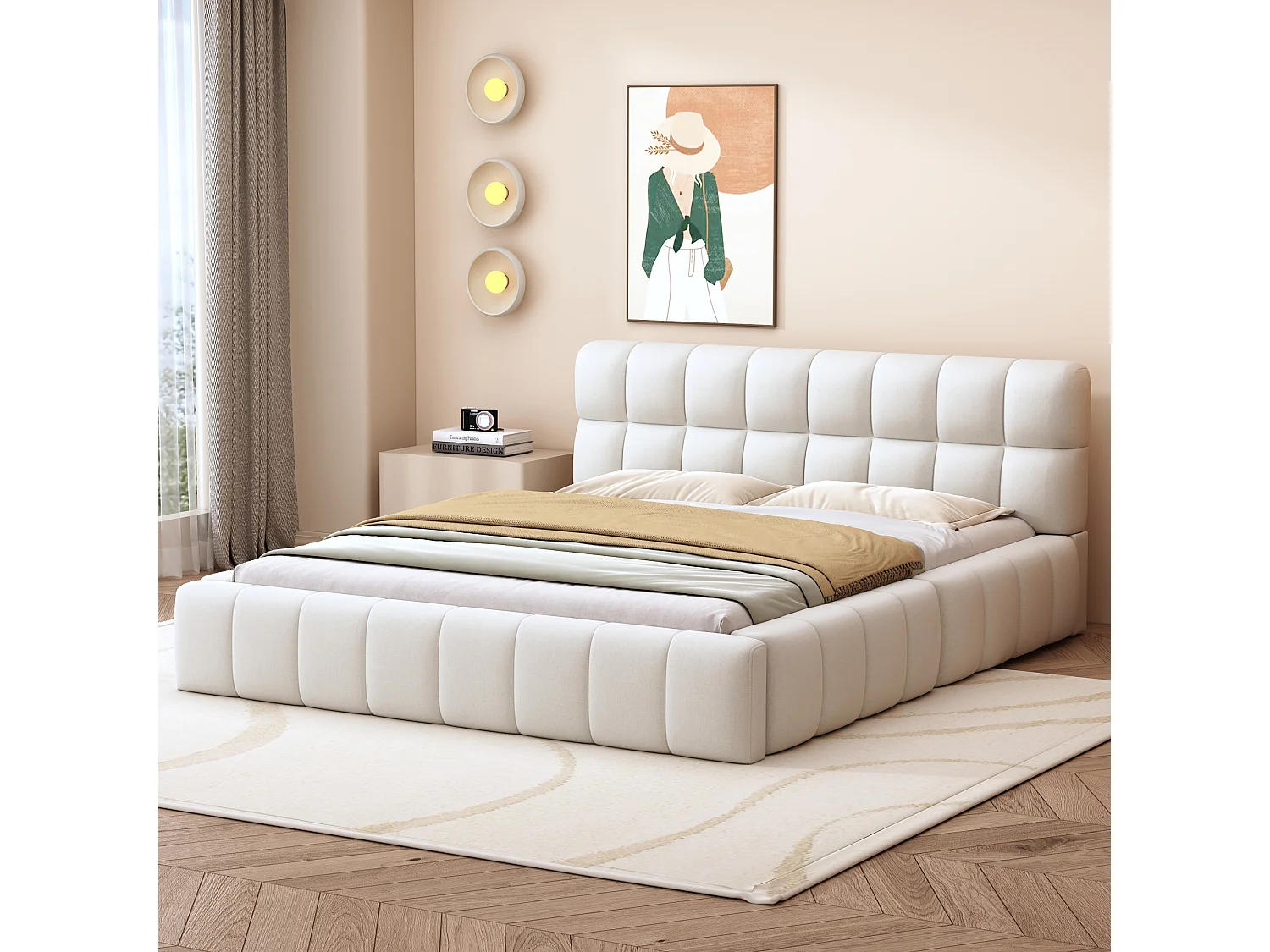 Łóżko dla dorosłych 216,5 x 155 x 66 cm - z zagłówkiem, stelaż - len - beżowe - materac nie jest wliczony w cenę