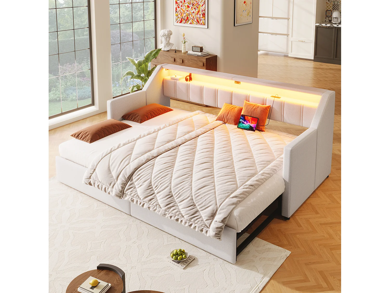 Sofá-cama 90 x 200 cm - Cama auxiliar com 2 gavetas e bolsos de arrumação - linho bege - colchão não incluído