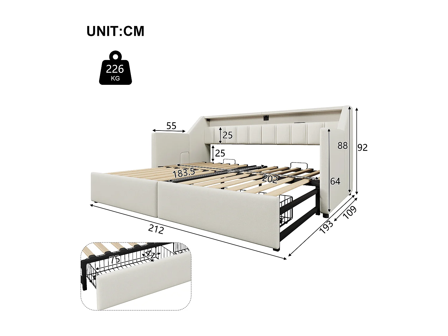 Sofá-cama 90 x 200 cm - Cama auxiliar com 2 gavetas e bolsos de arrumação - linho bege - colchão não incluído