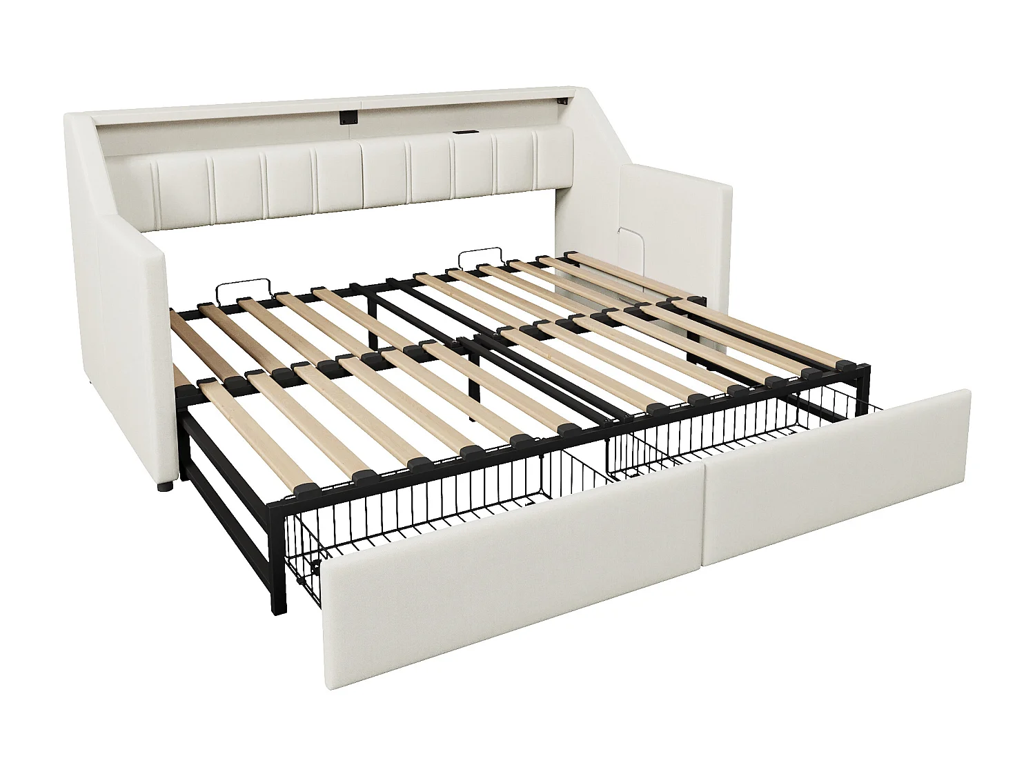 Sofá-cama 90 x 200 cm - Cama auxiliar com 2 gavetas e bolsos de arrumação - linho bege - colchão não incluído