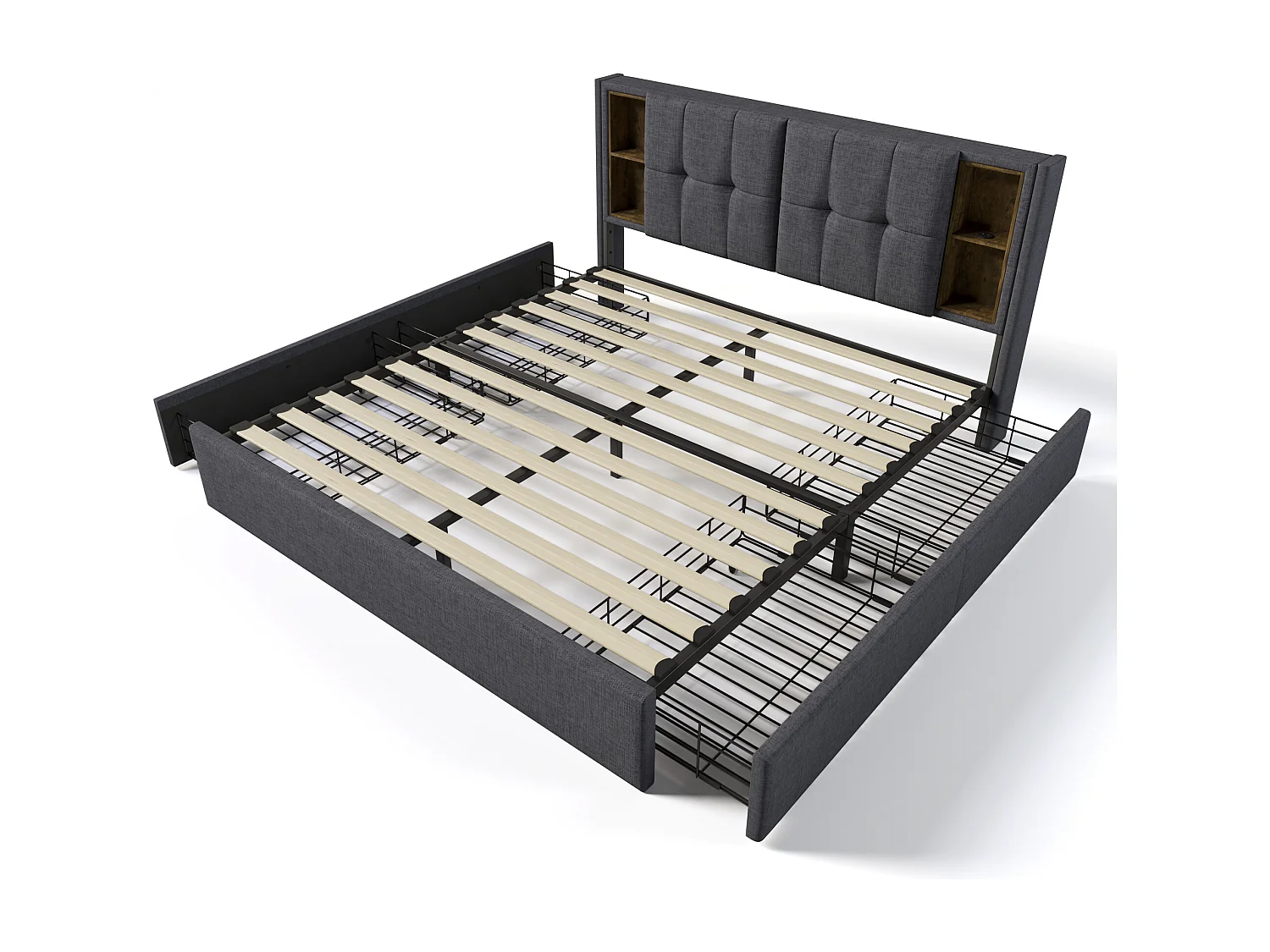 Cama para adultos de 160 x 200 cm - con cabecero con almacenaje USB, 4 cajones - lino - gris - colchón incluido