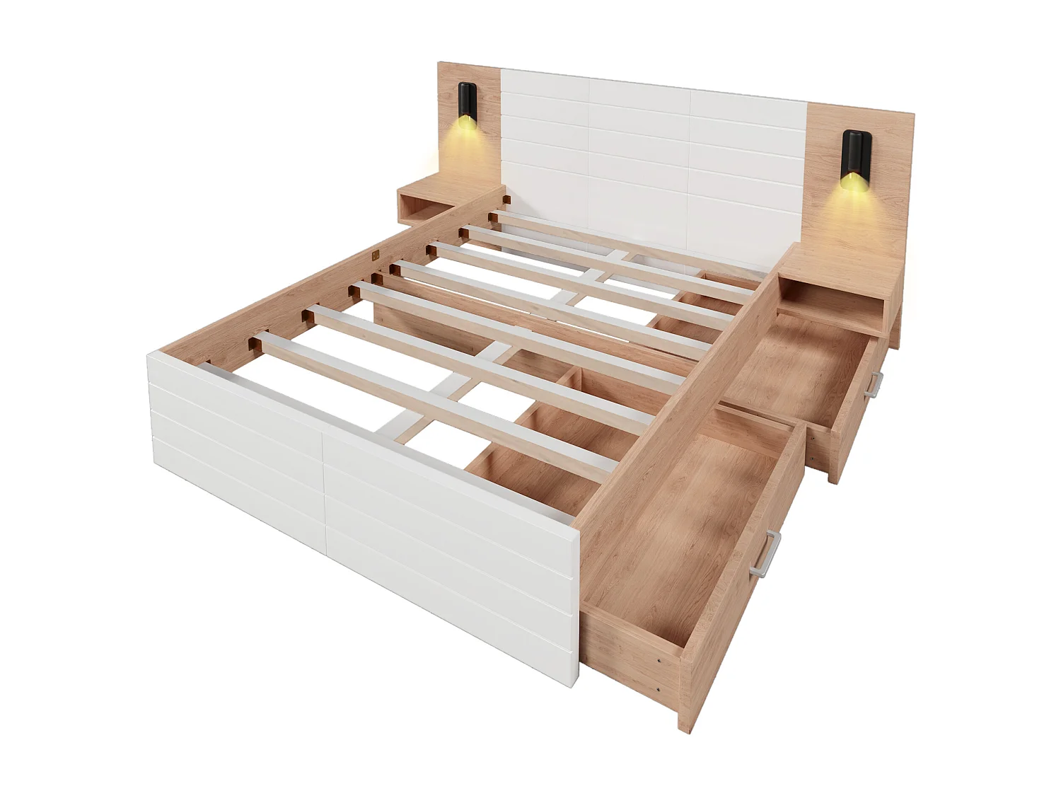 Bett für Erwachsene, 140 x 200 cm – mit Kopfteil, 2 Schubladen und USB-Anschluss – weiß und hell-eiche – Matratze nicht enthalten