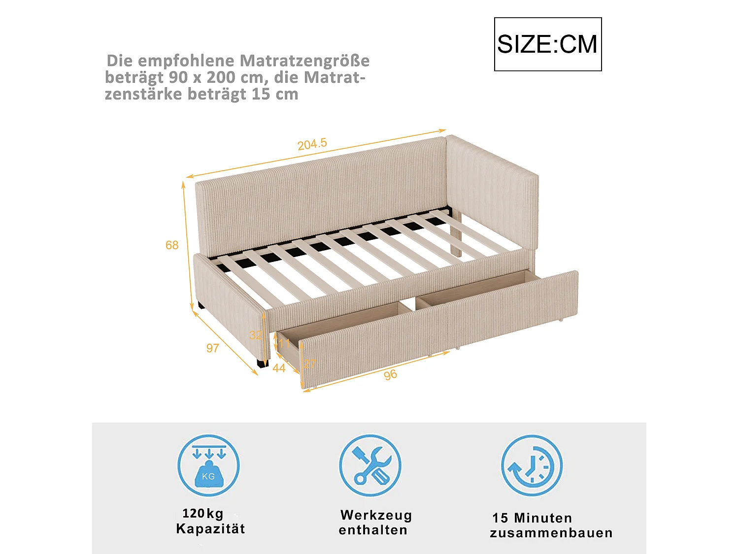 Letto per bambini 90x200 cm - con 2 cassetti, rete a doghe - beige - materasso non incluso