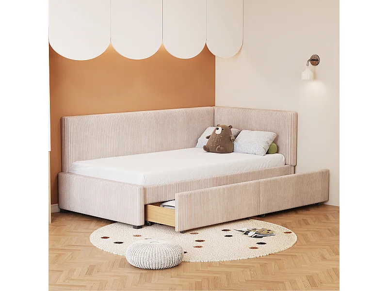 Letto per bambini 90x200 cm - con 2 cassetti, rete a doghe - beige - materasso non incluso